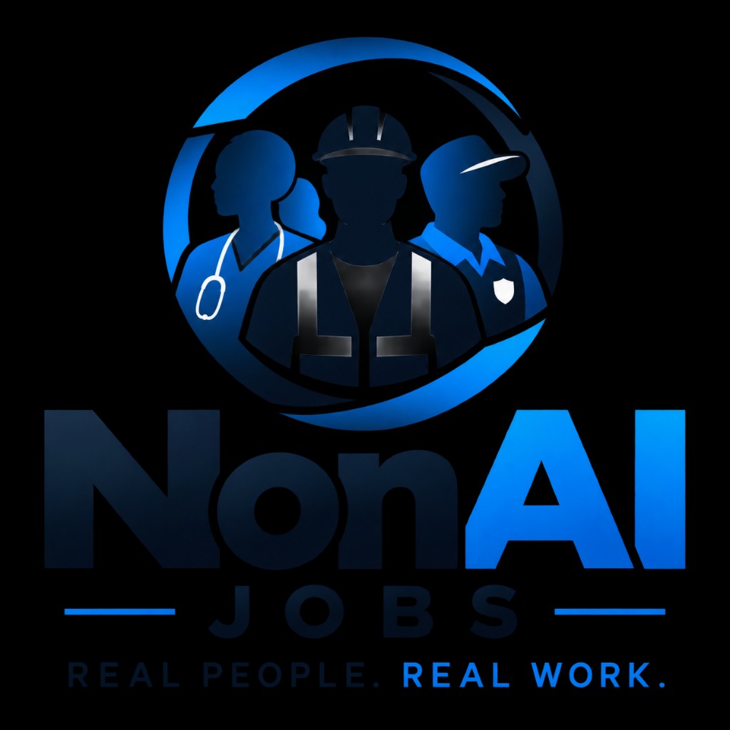 NonAI Jobs emblem with care, trades, and security workers. NonAI Jobs. Real People. Real Work.